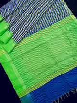 Pure Raw Silk Saree with Checks in Beige, Royal Blue and Parrot Green Color with Temple Border | Handwoven Saree | SILK MARK CERTIFIED - Kaash