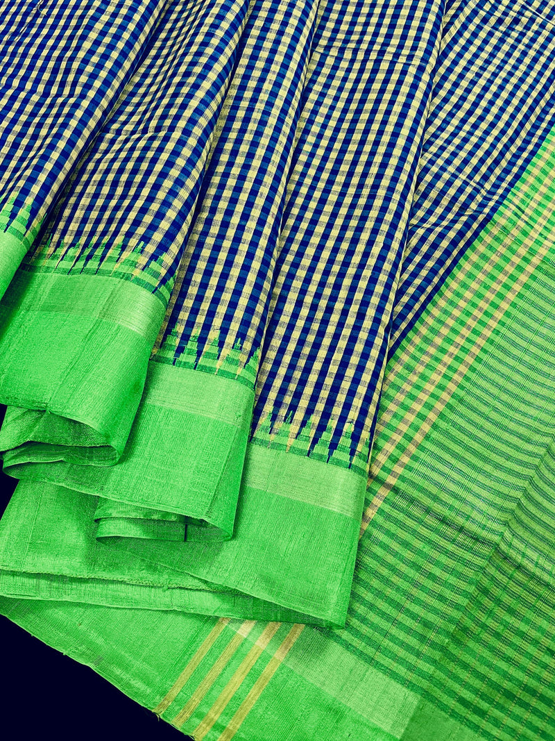Pure Raw Silk Saree with Checks in Beige, Royal Blue and Parrot Green Color with Temple Border | Handwoven Saree | SILK MARK CERTIFIED - Kaash