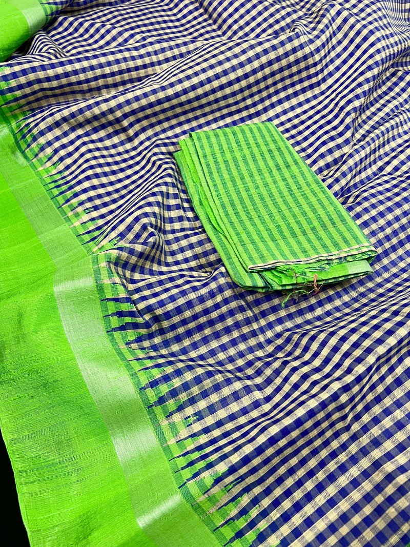 Pure Raw Silk Saree with Checks in Beige, Royal Blue and Parrot Green Color with Temple Border | Handwoven Saree | SILK MARK CERTIFIED - Kaash