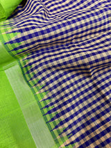 Pure Raw Silk Saree with Checks in Beige, Royal Blue and Parrot Green Color with Temple Border | Handwoven Saree | SILK MARK CERTIFIED - Kaash