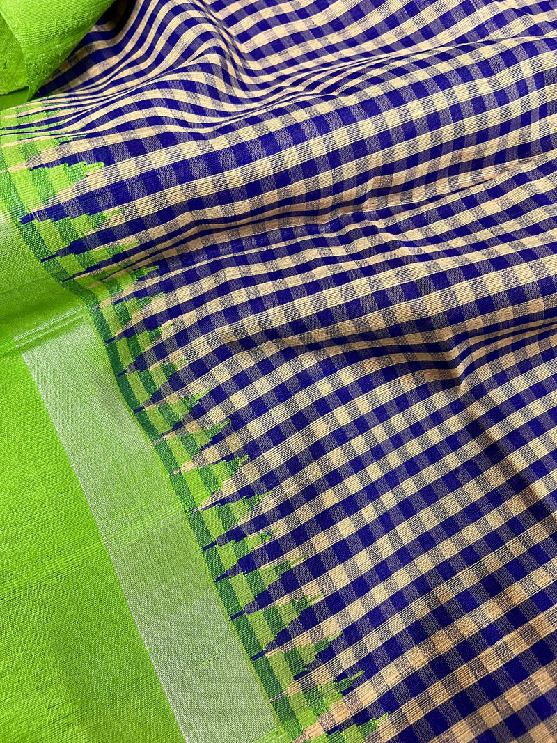 Pure Raw Silk Saree with Checks in Beige, Royal Blue and Parrot Green Color with Temple Border | Handwoven Saree | SILK MARK CERTIFIED - Kaash