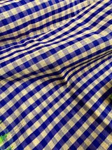 Pure Raw Silk Saree with Checks in Beige, Royal Blue and Parrot Green Color with Temple Border | Handwoven Saree | SILK MARK CERTIFIED - Kaash