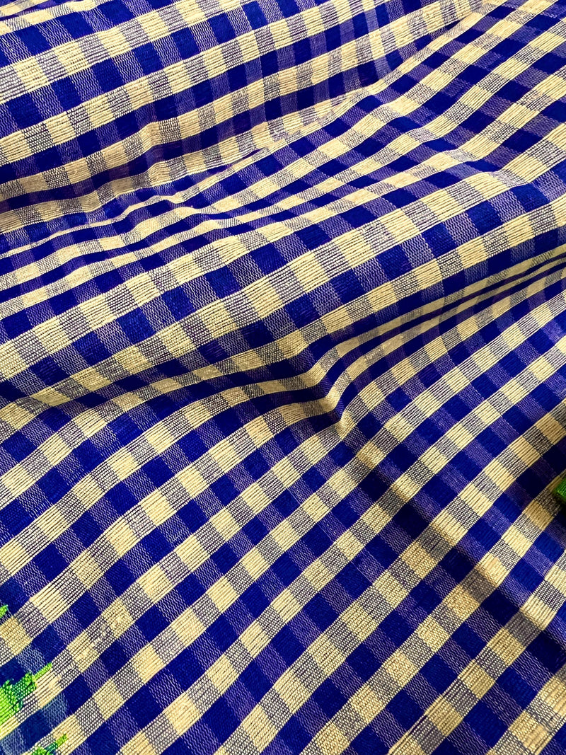 Pure Raw Silk Saree with Checks in Beige, Royal Blue and Parrot Green Color with Temple Border | Handwoven Saree | SILK MARK CERTIFIED - Kaash