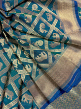 Teal Green Dual Shade Banarasi saree in pure banarasi silk with elephant & peacock motifs in dual shade — Kaash Collection