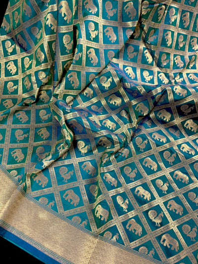 Teal Green Dual Shade Banarasi saree in pure banarasi silk with elephant & peacock motifs in dual shade — Kaash Collection