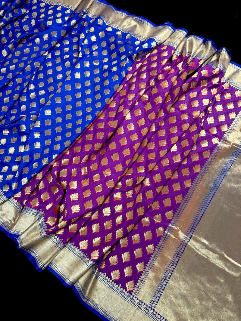 Purple & Blue Half-and-Half Banarasi saree in banarasi silk with half and half with gold zari — Kaash Collection