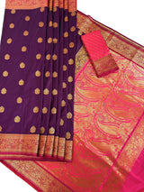Purple & Pink Banarasi saree in pure banarasi semi katan silk with copper zari weave with floral pattern — Kaash Collection