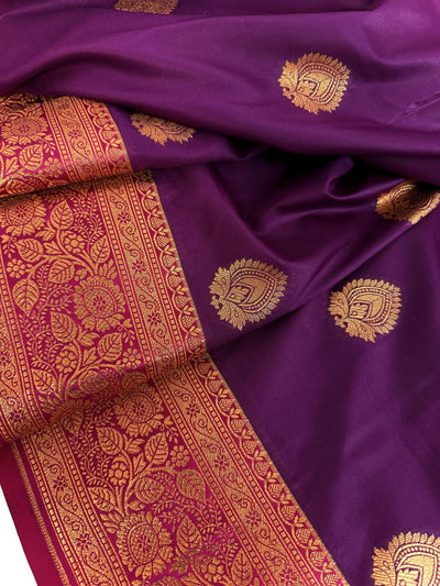 Purple and Pink Semi Katan Banarasi Silk Saree with Coppre Zari Weave - Kaash