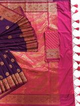 Purple & Pink Banarasi saree in pure banarasi semi katan silk with copper zari weave with floral pattern — Kaash Collection