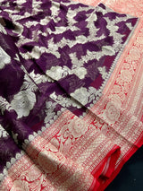 Silk Mark Certified Purple & Red Pure Khaddi Georgette saree in pure khaddi georgette silk with zari weaving with pink pallu & border — Kaash Collection