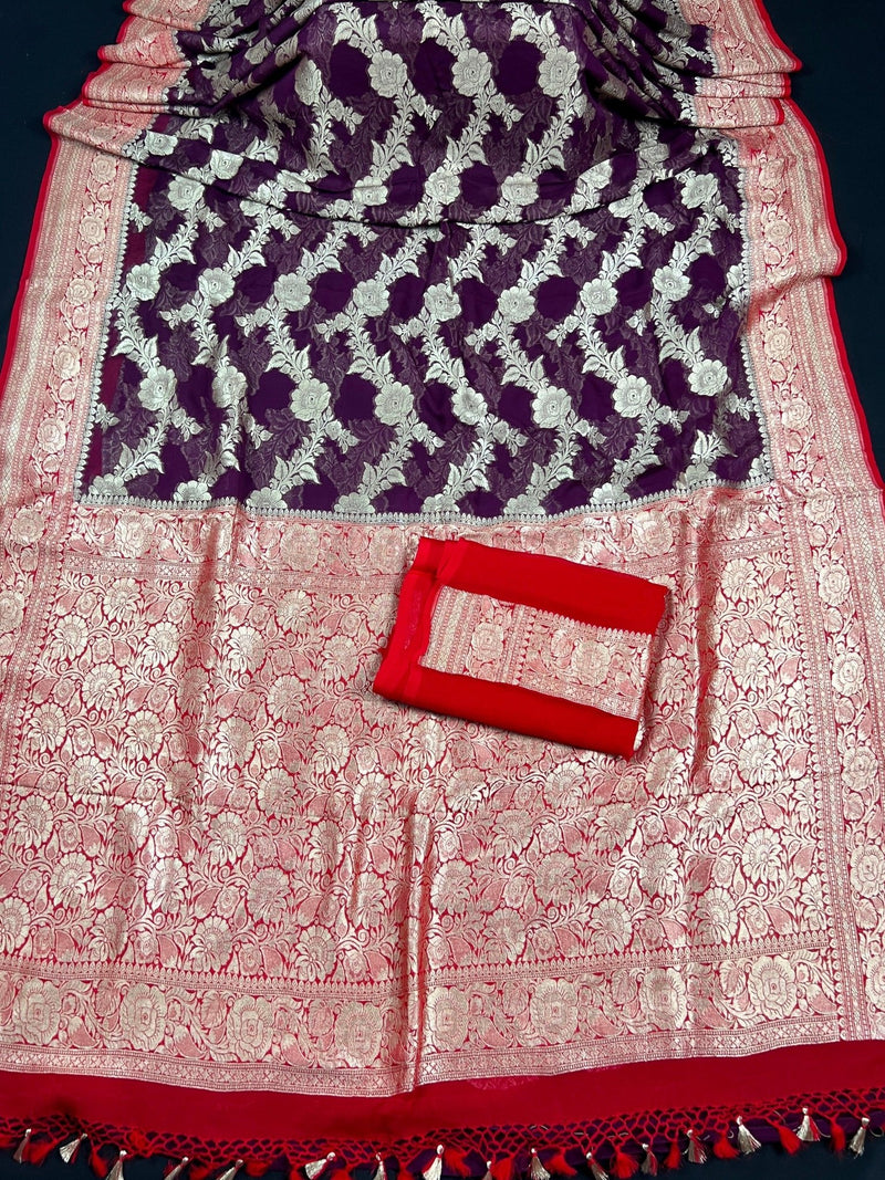 Silk Mark Certified Purple & Red Pure Khaddi Georgette saree in pure khaddi georgette silk with zari weaving with pink pallu & border — Kaash Collection