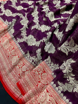 Silk Mark Certified Purple & Red Pure Khaddi Georgette saree in pure khaddi georgette silk with zari weaving with pink pallu & border — Kaash Collection