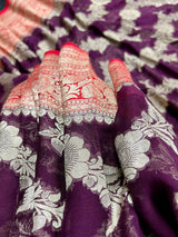 Silk Mark Certified Purple & Red Pure Khaddi Georgette saree in pure khaddi georgette silk with zari weaving with pink pallu & border — Kaash Collection