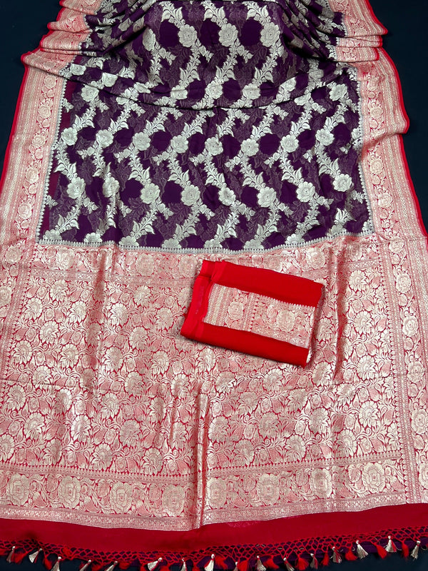 Purple and Red Banarasi Pure Khaadi Georgette Silk Saree | Floral Jaal Saree in Muted Gold Zari | SILK MARK CERTIFIED - Kaash