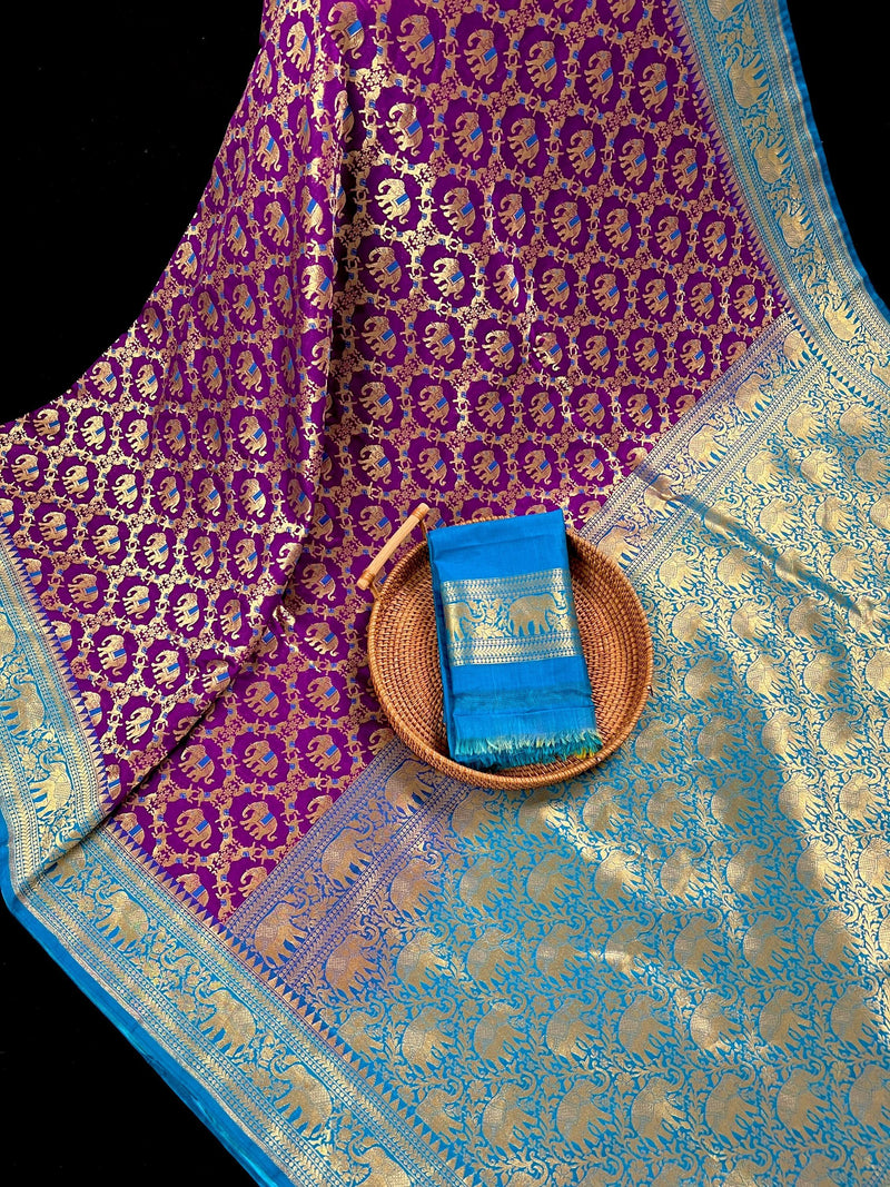Purple and Sky Blue Color combination Banarasi Silk Shikargah Saree in Zari Weave Work | Shikargah Sarees - Kaash