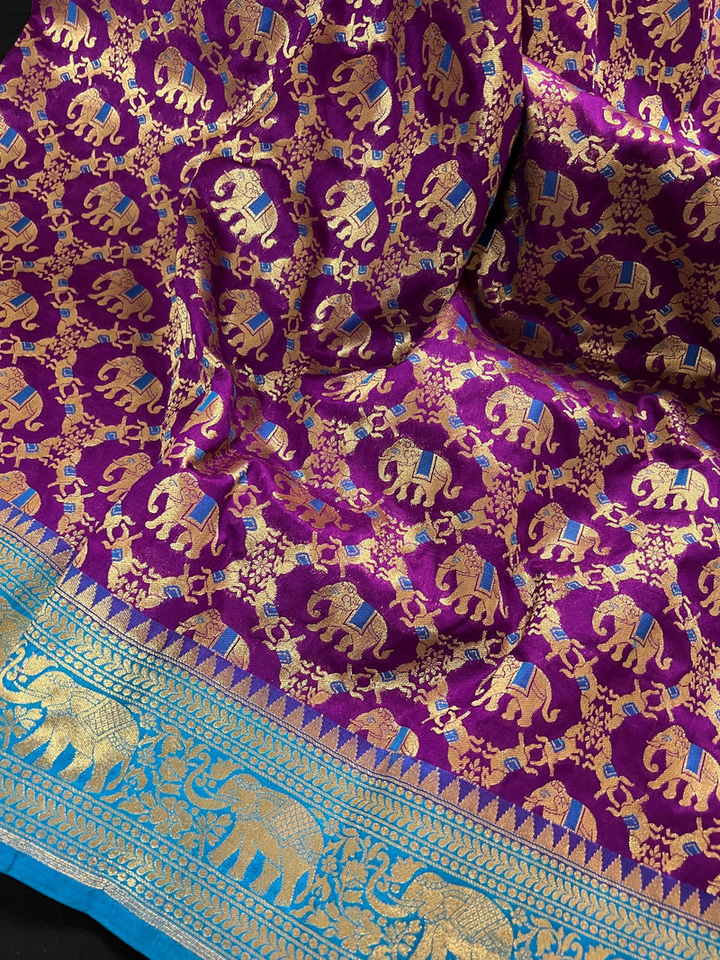 Purple and Sky Blue Color combination Banarasi Silk Shikargah Saree in Zari Weave Work | Shikargah Sarees - Kaash