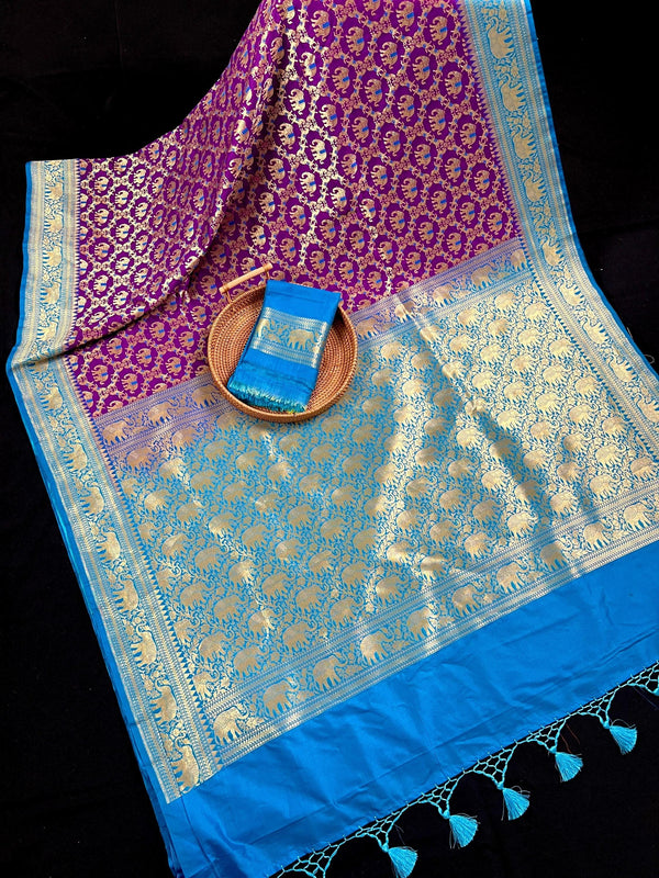 Purple and Sky Blue Color combination Banarasi Silk Shikargah Saree in Zari Weave Work | Shikargah Sarees - Kaash