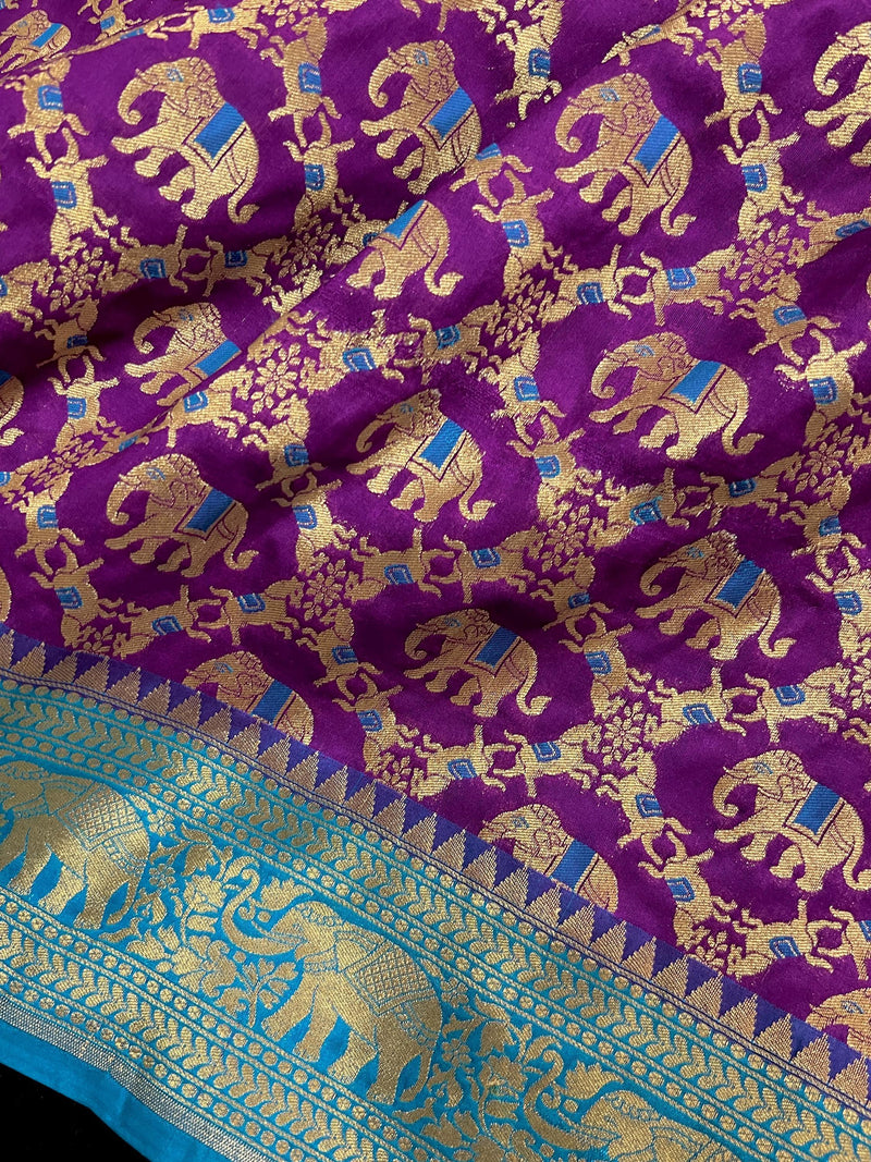 Purple and Sky Blue Color combination Banarasi Silk Shikargah Saree in Zari Weave Work | Shikargah Sarees - Kaash