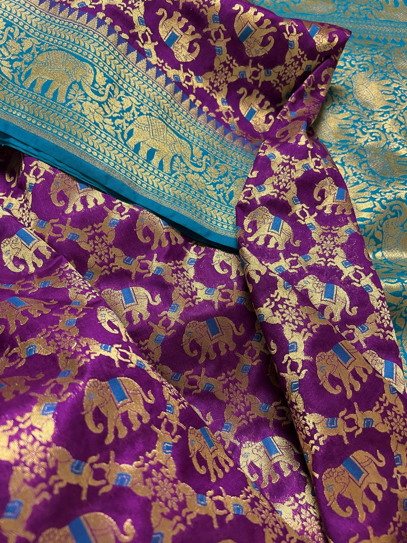 Purple and Sky Blue Color combination Banarasi Silk Shikargah Saree in Zari Weave Work | Shikargah Sarees - Kaash