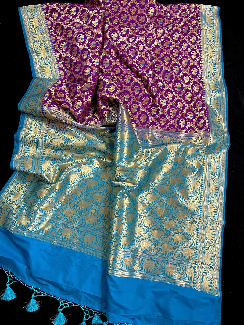 Purple and Sky Blue Color combination Banarasi Silk Shikargah Saree in Zari Weave Work | Shikargah Sarees - Kaash