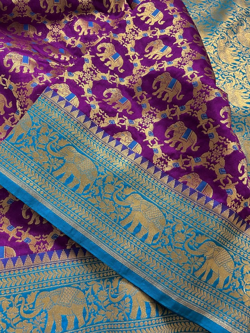 Purple and Sky Blue Color combination Banarasi Silk Shikargah Saree in Zari Weave Work | Shikargah Sarees - Kaash
