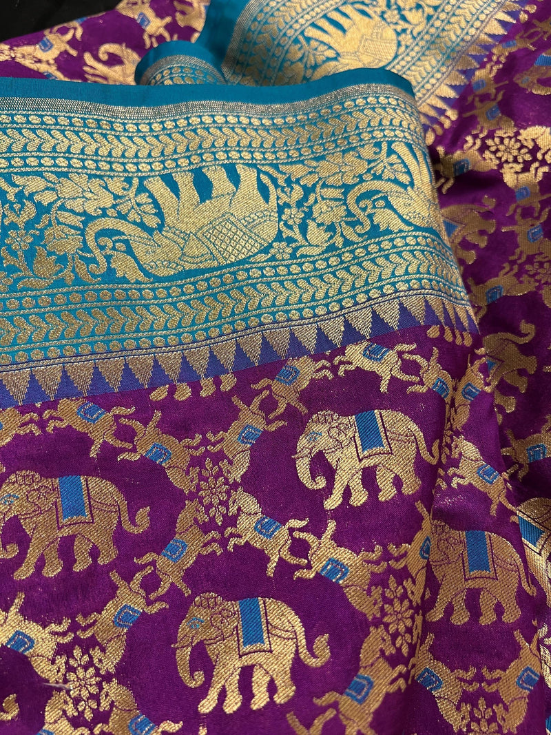 Purple and Sky Blue Color combination Banarasi Silk Shikargah Saree in Zari Weave Work | Shikargah Sarees - Kaash