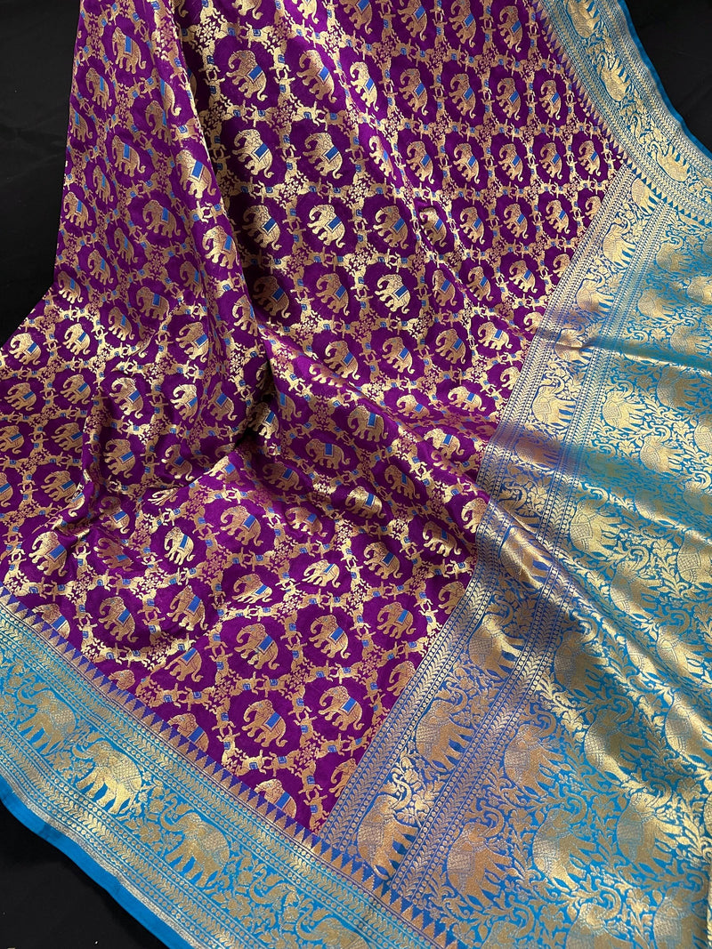 Purple and Sky Blue Color combination Banarasi Silk Shikargah Saree in Zari Weave Work | Shikargah Sarees - Kaash