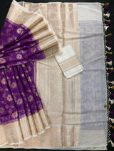 Silk Mark Certified Purple & Ivory Pure Banarasi Tussar saree in pure banarasi tussar silk with copper & muted gold zari jaal with meenakari — Kaash Collection