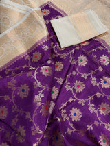 Silk Mark Certified Purple & Ivory Pure Banarasi Tussar saree in pure banarasi tussar silk with copper & muted gold zari jaal with meenakari — Kaash Collection