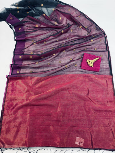 Purple & Black Jamdani Banarasi saree in matka muslin with bengali jamdani half-and-half — Kaash Collection