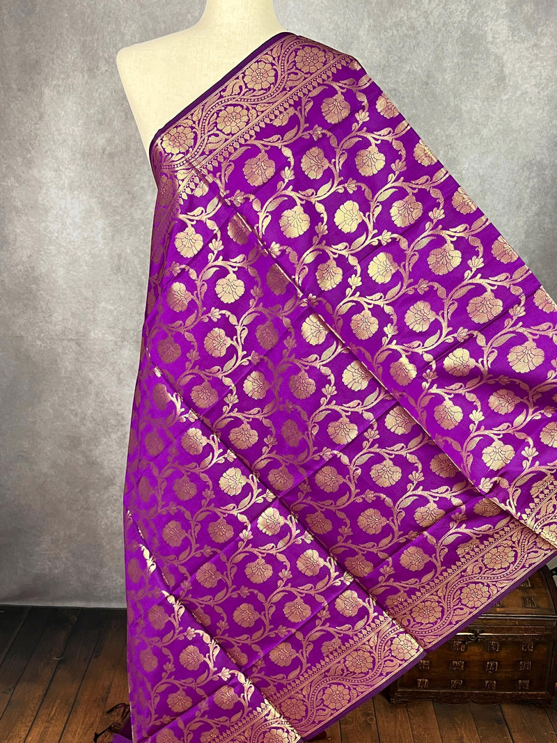 Purple Color Banarasi Floral Soft Silk dupatta with Muted Gold Zari Weaving | Light Weight Dupatta | Silk Dupatta | Stole | Gift For Her - Kaash