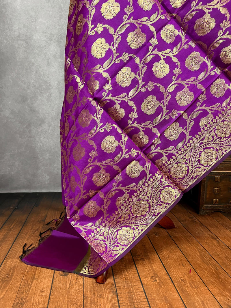Purple Color Banarasi Floral Soft Silk dupatta with Muted Gold Zari Weaving | Light Weight Dupatta | Silk Dupatta | Stole | Gift For Her - Kaash
