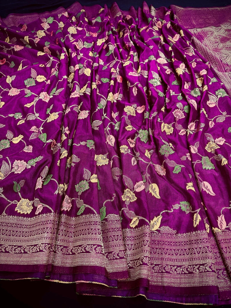 Purple Color Banarasi Semi Georgette Dupion Soft Silk with Floral Meenakari Work - Kaash