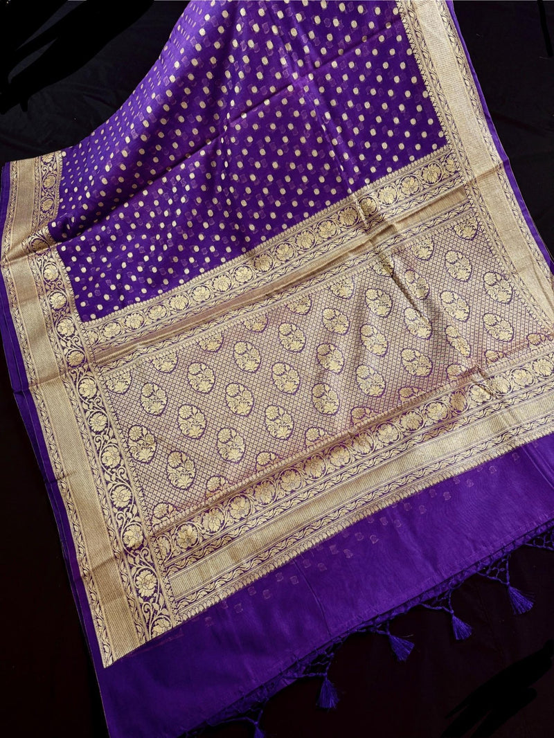 Purple banarasi semi georgette silk saree with muted zari, dyeable base — Kaash Collection