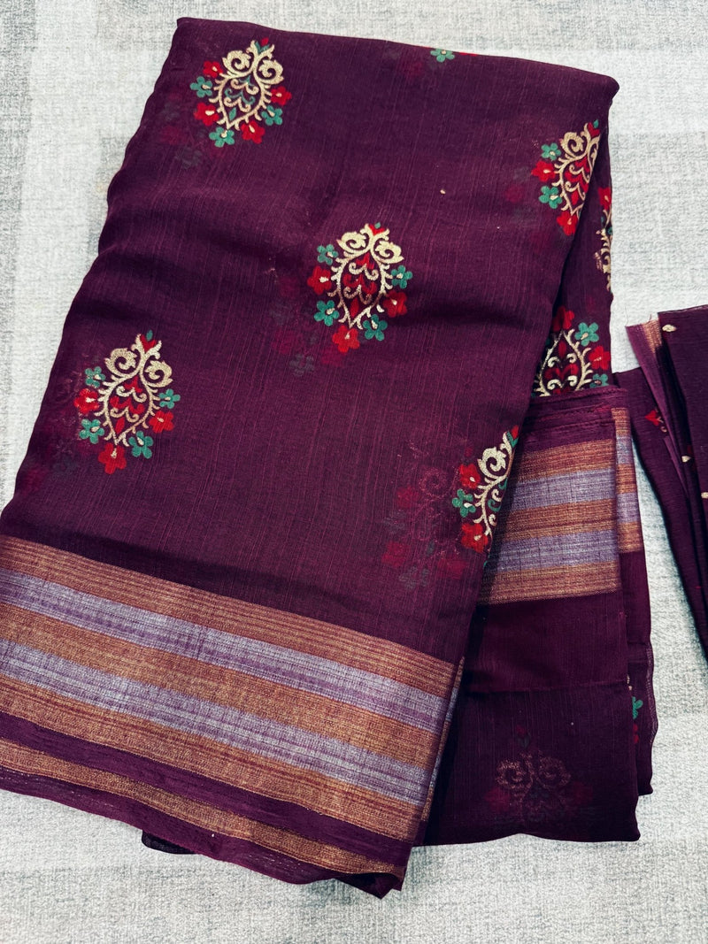 Purple Cotton Silk Foil Print saree in soft cotton silk with foil prints with tissue zari border — Kaash Collection