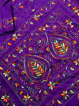 Purple with Multi-Color Kantha hand Kantha stitch saree on Bangalori silk — Kaash Collection