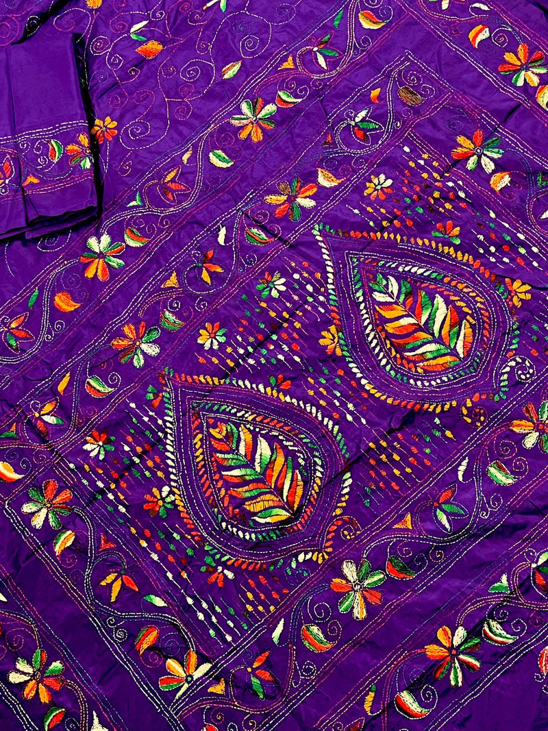 Purple Color Kantha Stitch Saree - Bangalori Silk Saree - Handwoven Kantha Stitch Saree - Multi Color - Kantha Stitch Silk Saree - Kaash