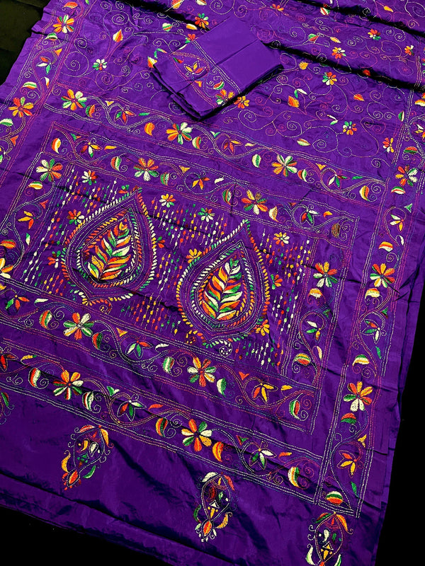 Purple Color Kantha Stitch Saree - Bangalori Silk Saree - Handwoven Kantha Stitch Saree - Multi Color - Kantha Stitch Silk Saree - Kaash