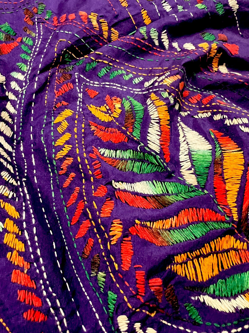 Purple Color Kantha Stitch Saree - Bangalori Silk Saree - Handwoven Kantha Stitch Saree - Multi Color - Kantha Stitch Silk Saree - Kaash