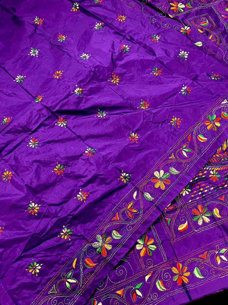 Purple Color Kantha Stitch Saree - Bangalori Silk Saree - Handwoven Kantha Stitch Saree - Multi Color - Kantha Stitch Silk Saree - Kaash