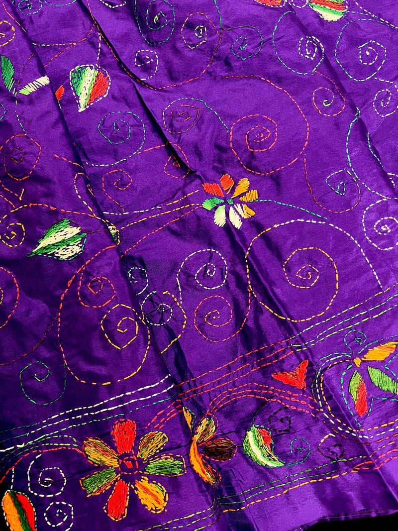 Purple Color Kantha Stitch Saree - Bangalori Silk Saree - Handwoven Kantha Stitch Saree - Multi Color - Kantha Stitch Silk Saree - Kaash