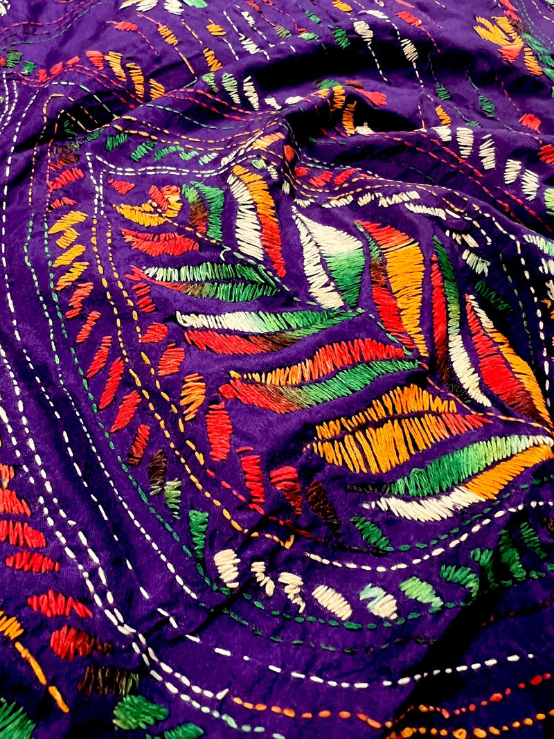 Purple Color Kantha Stitch Saree - Bangalori Silk Saree - Handwoven Kantha Stitch Saree - Multi Color - Kantha Stitch Silk Saree - Kaash