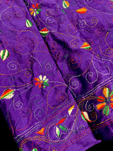 Purple Color Kantha Stitch Saree - Bangalori Silk Saree - Handwoven Kantha Stitch Saree - Multi Color - Kantha Stitch Silk Saree - Kaash