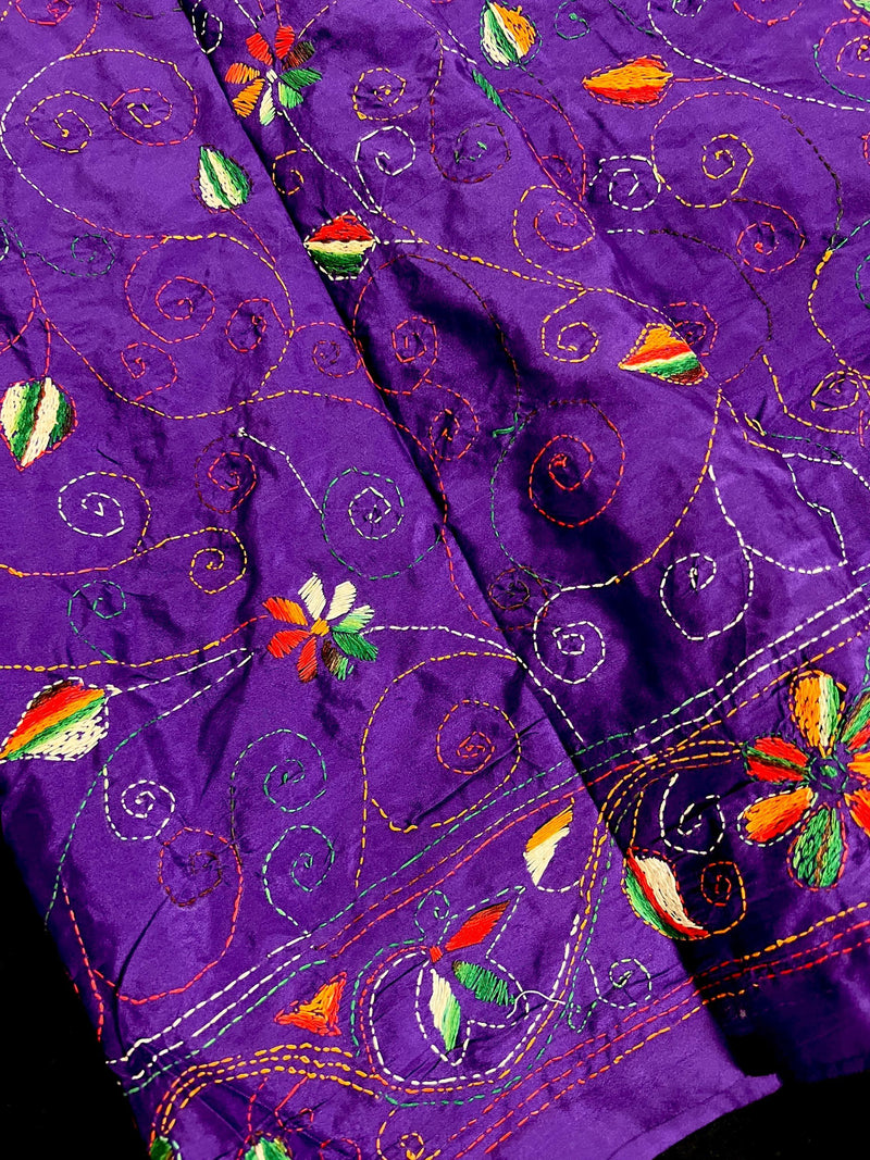 Purple Color Kantha Stitch Saree - Bangalori Silk Saree - Handwoven Kantha Stitch Saree - Multi Color - Kantha Stitch Silk Saree - Kaash
