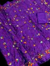 Purple Color Kantha Stitch Saree - Bangalori Silk Saree - Handwoven Kantha Stitch Saree - Multi Color - Kantha Stitch Silk Saree - Kaash