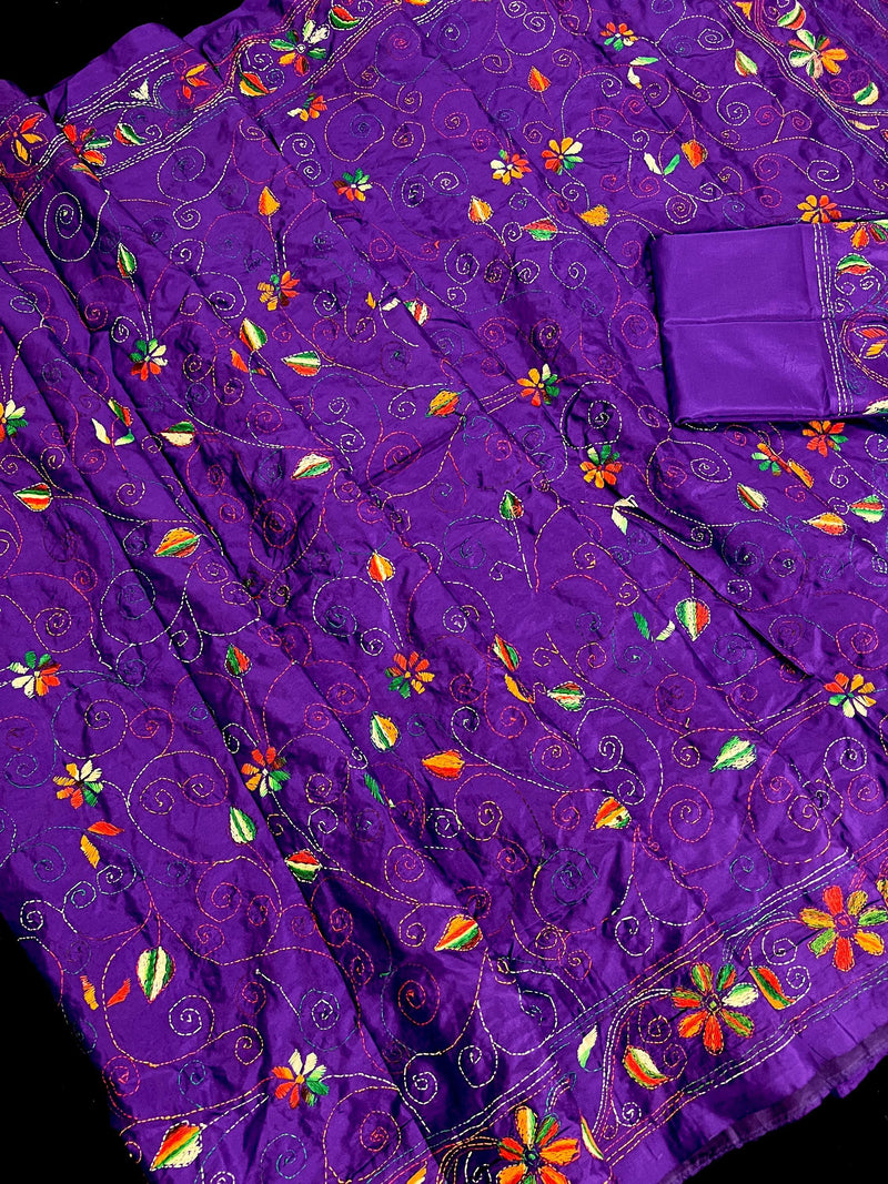 Purple Color Kantha Stitch Saree - Bangalori Silk Saree - Handwoven Kantha Stitch Saree - Multi Color - Kantha Stitch Silk Saree - Kaash
