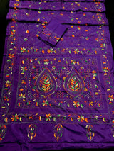 Purple Color Kantha Stitch Saree - Bangalori Silk Saree - Handwoven Kantha Stitch Saree - Multi Color - Kantha Stitch Silk Saree - Kaash