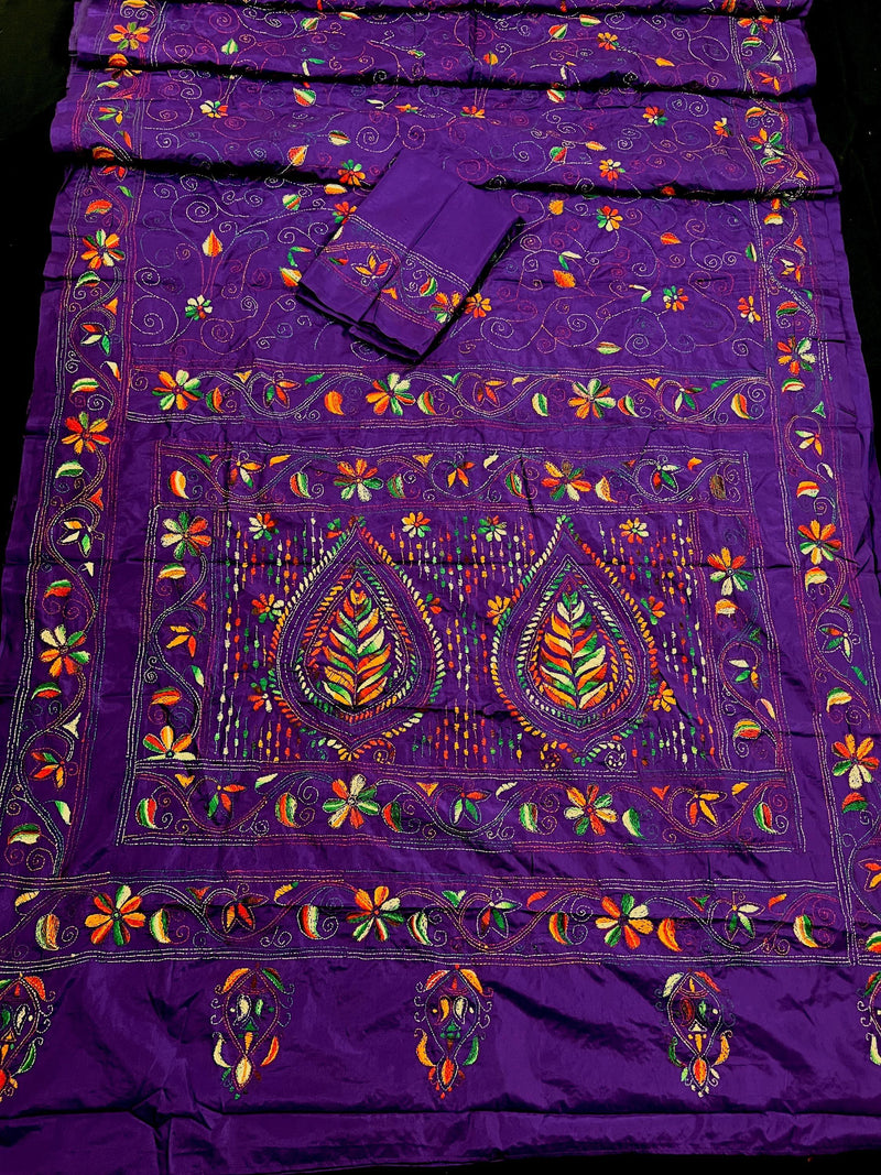 Purple Color Kantha Stitch Saree - Bangalori Silk Saree - Handwoven Kantha Stitch Saree - Multi Color - Kantha Stitch Silk Saree - Kaash