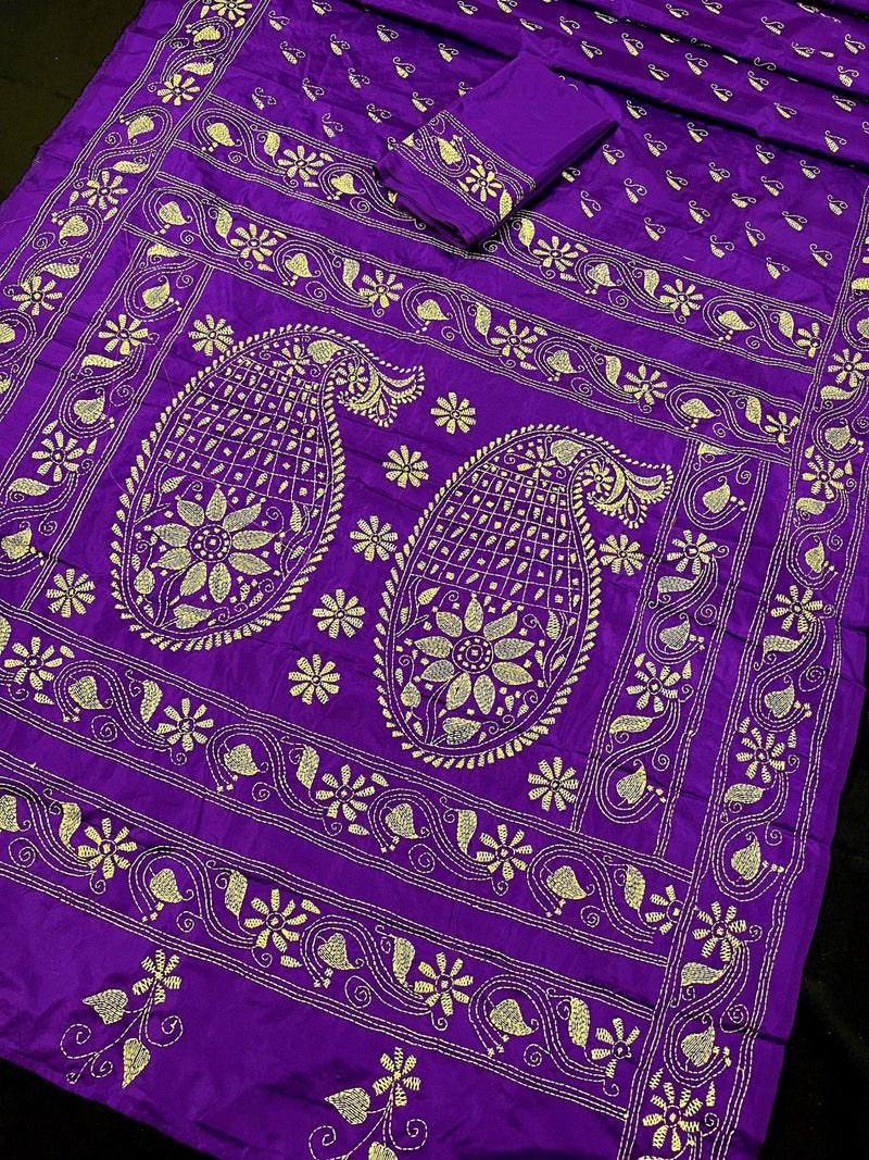 Purple with Yellow Kantha hand Kantha stitch saree on Bangalori silk — Kaash Collection
