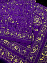 Purple with Yellow Kantha hand Kantha stitch saree on Bangalori silk — Kaash Collection